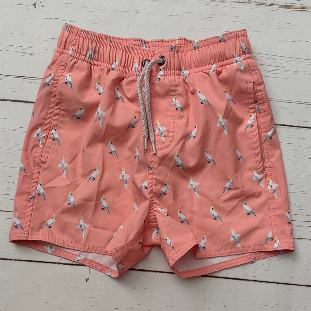Classic Club Peach Bird Print Swim Trunks